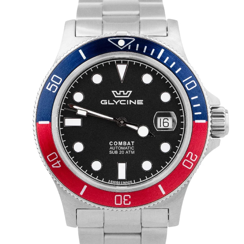 Water-Resistant Watches For Swimming-PAPERS Glycine Combat Sub Soda Red Blue Stainless Steel Date Watch GL0289 BOX