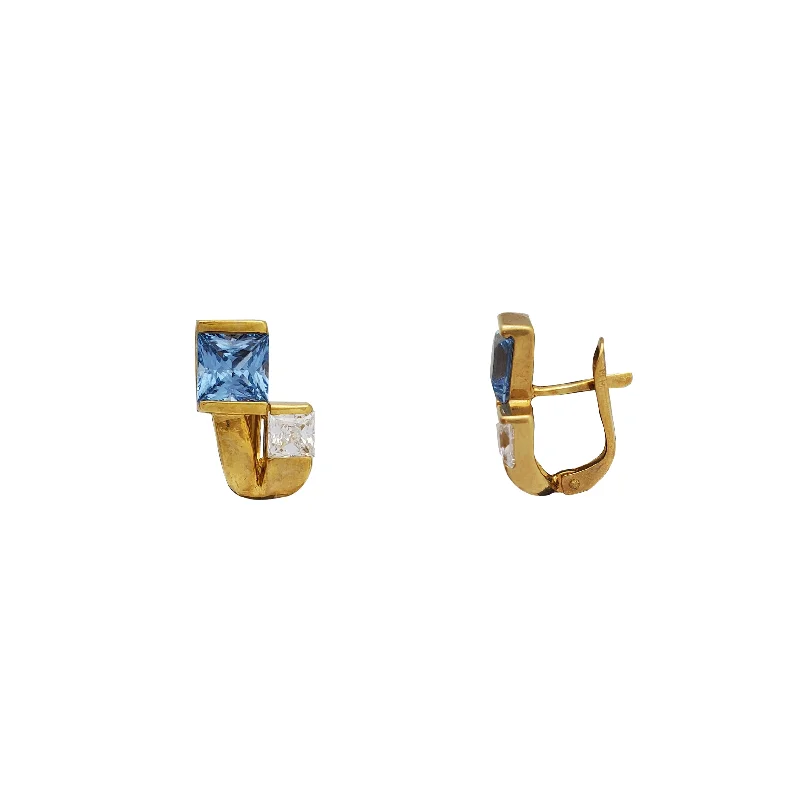 Luxury Earrings For Special Events-Asymmetrical Square Topaz and Zirconia Huggie Earrings (14K)