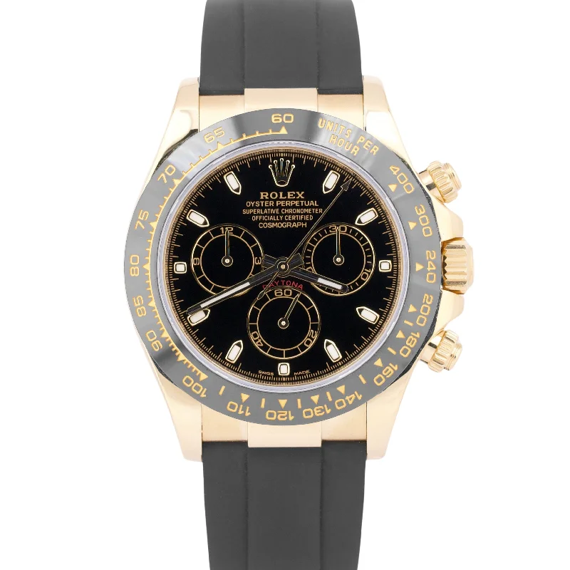 Designer Watches For Corporate Professionals-MINT 2019 PAPERS Rolex Daytona 18K Gold BLACK Oysterflex 116518 LN Watch BOX