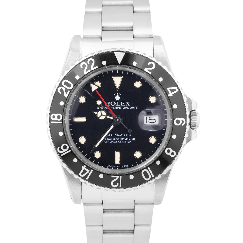 Classic Analog Watches For Women-1985 Rolex GMT-Master Black Red PATINA Date Stainless Steel Oyster 16750 Watch