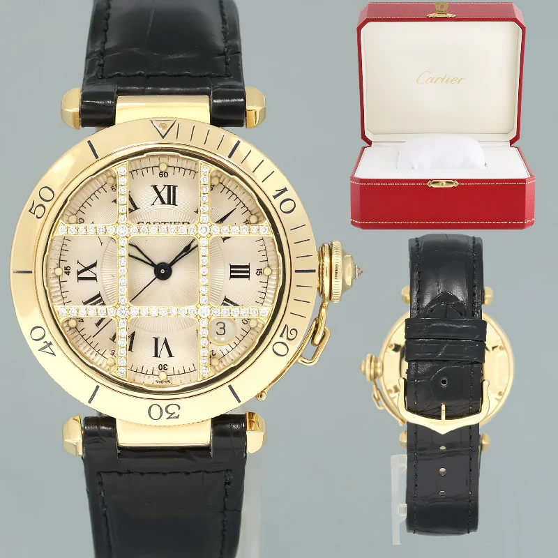 Sleek Black Watches For Men-MINT Cartier Pasha Roman 1023 Yellow Gold 38mm Diamond Watch