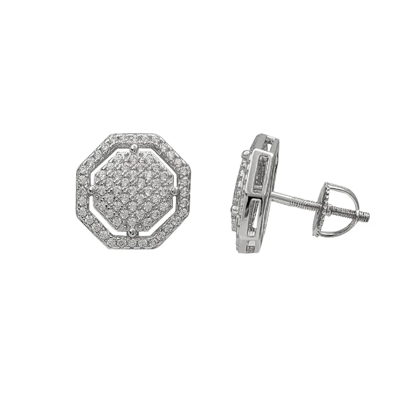 Minimalist Earrings With Pearls For Day Wear-Zirconia Iced-Out Hexagon Stud Earrings (Silver)