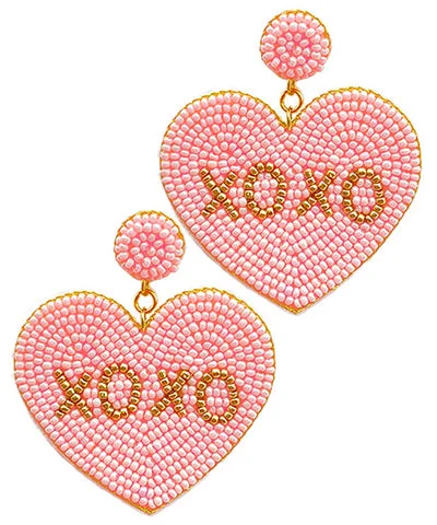 Personalized Name Earrings For Brides-Pink Beaded XOXO Heart Earrings