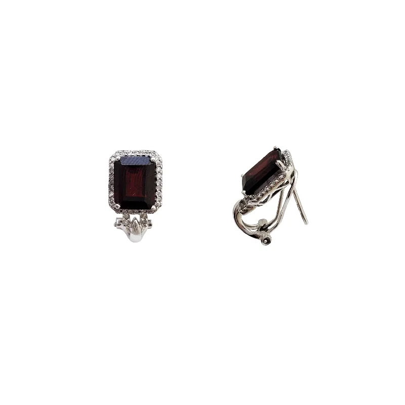 Handcrafted Wooden Earrings For Unique Style-Diamond Halo Emerald-Cut Garnet Earrings (14K)