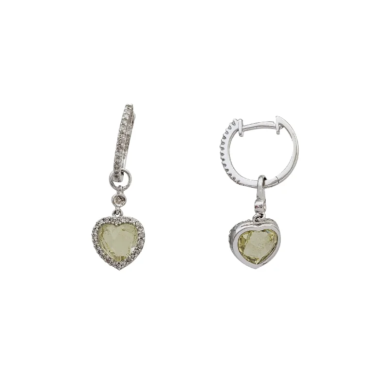 Large Silver Earrings For Bold Fashion-Diamond Heart Peridot Charm Huggie Earrings (14K)