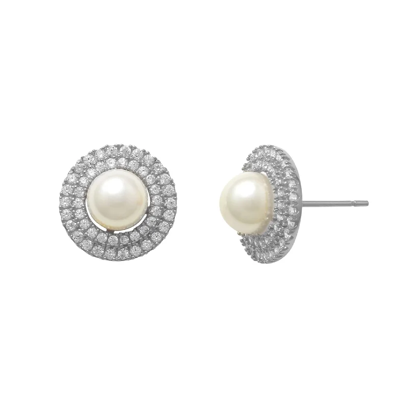 Custom Earrings For Wedding Jewelry-Zirconia & Pearl Stud Earrings (14K)