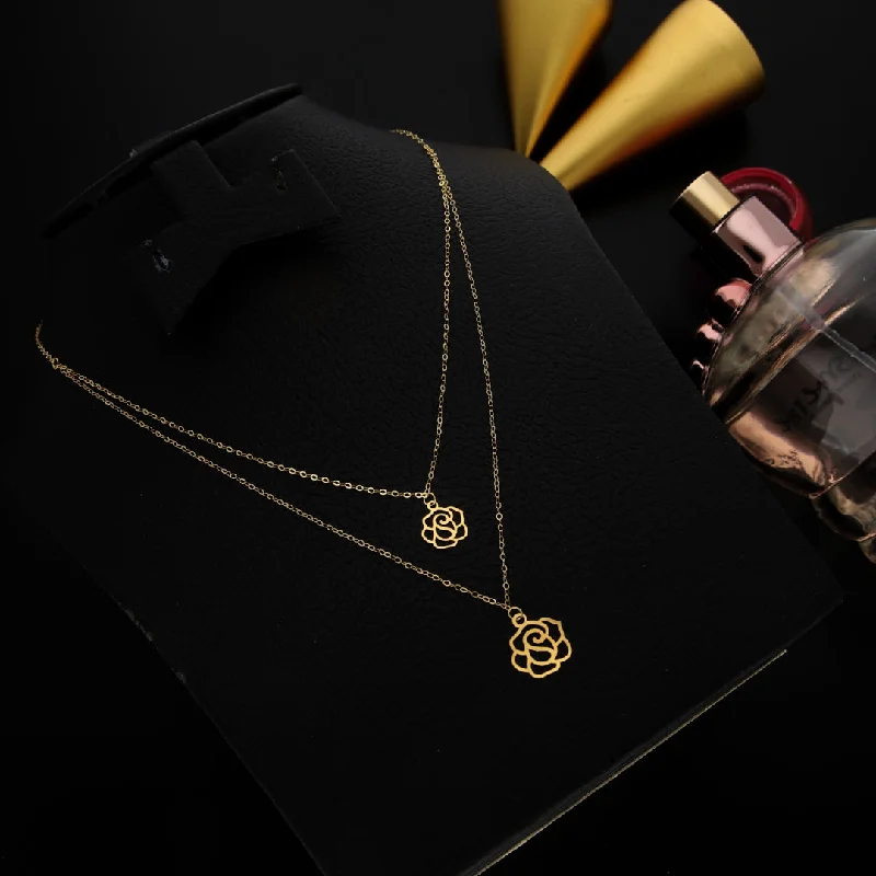 Trendy Statement Necklace For Evening Wear-Gold Layered Necklace (Chain With Hollow Rose Shaped Pendant) 21KT - FKJNKL21KM9778