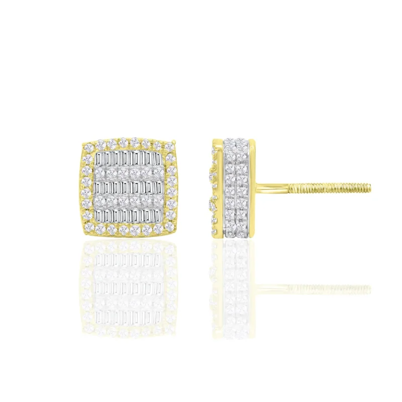 Simple Diamond Earrings For Daily Wear-Diamond Two-Tone Baguettes & Round Square Stud Earrings (14K)