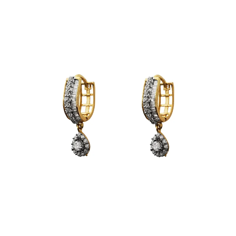 Elegant Earrings With Swarovski Crystals-Pave Baguettes & Round Teardrop U-Shape Huggie Earrings (14K)