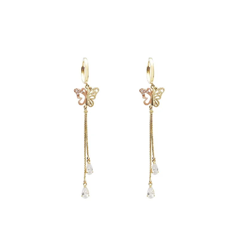 Statement Earrings For Fashion Week-Dangling Tail Butterfly CZ Huggie Earrings (14K)