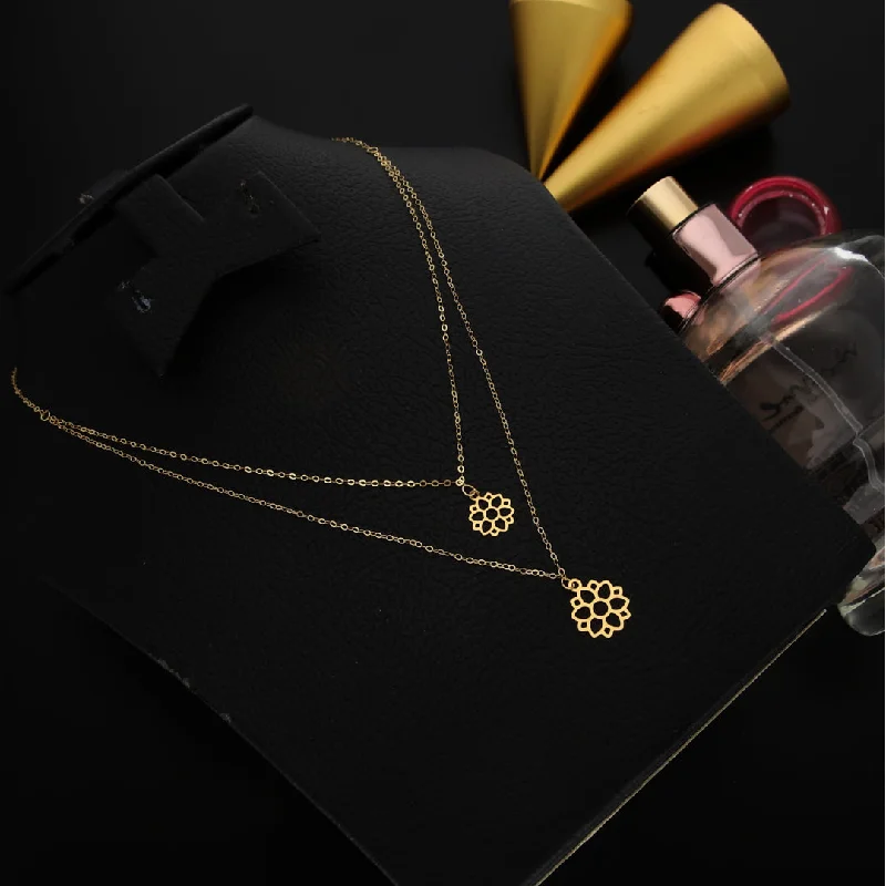 Trendy Long Necklace For Fashion Week-Gold Double Layered Lotus Flower Shaped Necklace 21KT - FKJNKL21KM9793