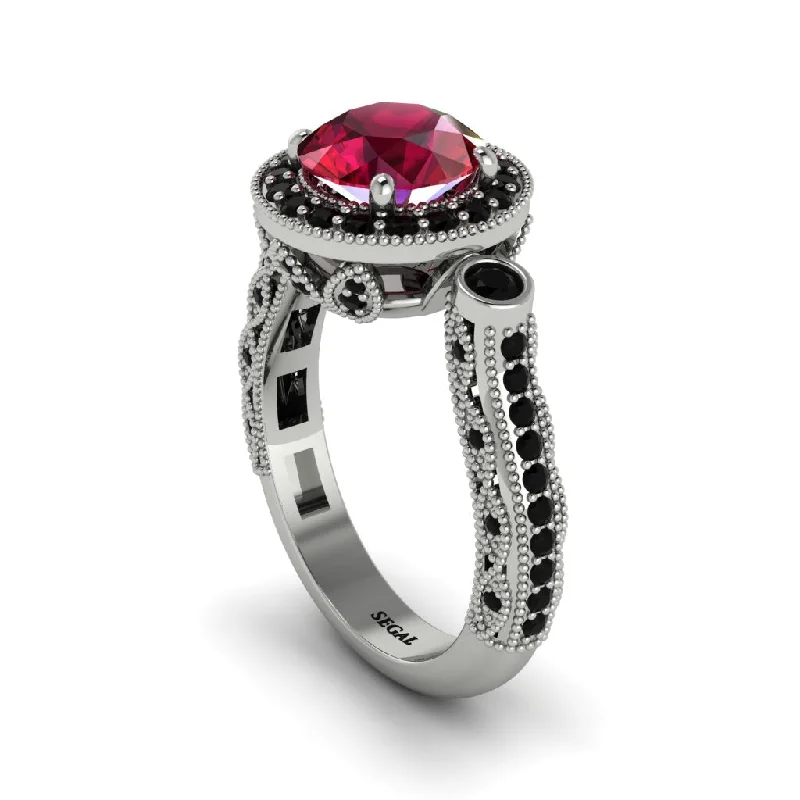 Classic Gold Wedding Rings For Engagement Day-Milgrain Halo Pave Ruby Engagement Ring - Mabel No. 42