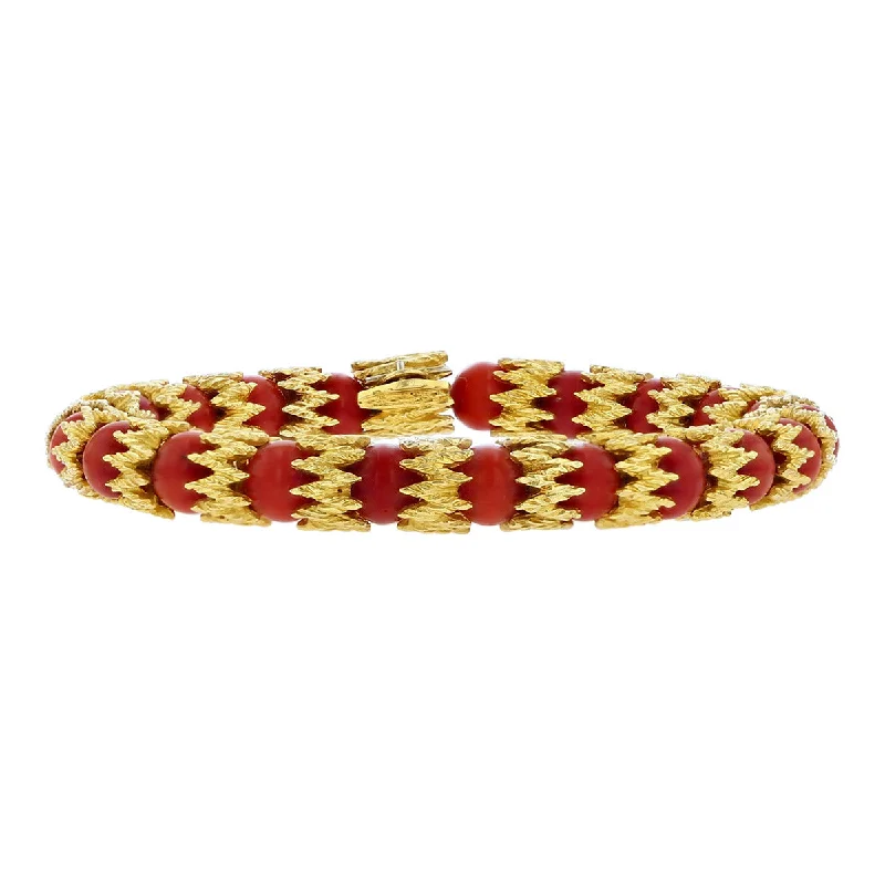 Silver Braided Bracelets For Women-18K Yellow Gold Ox Blood Coral Bead Bracelet