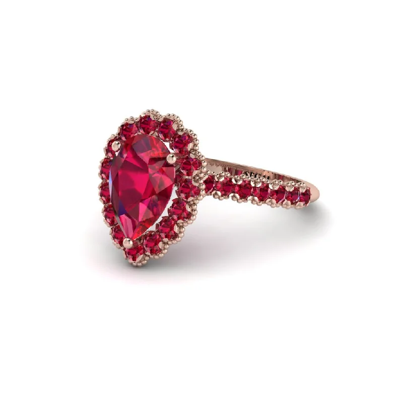 Classic Diamond Rings For Engagement Gifts-Halo Pear Ruby Pave Engagement Ring - Ingrid No. 56