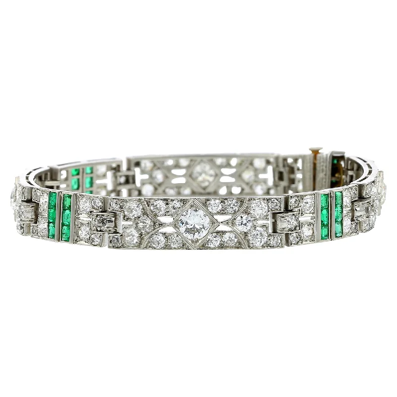 Best Women’s Bracelets For Casual Wear-Art Deco Platinum Diamond and Emerald Bracelet