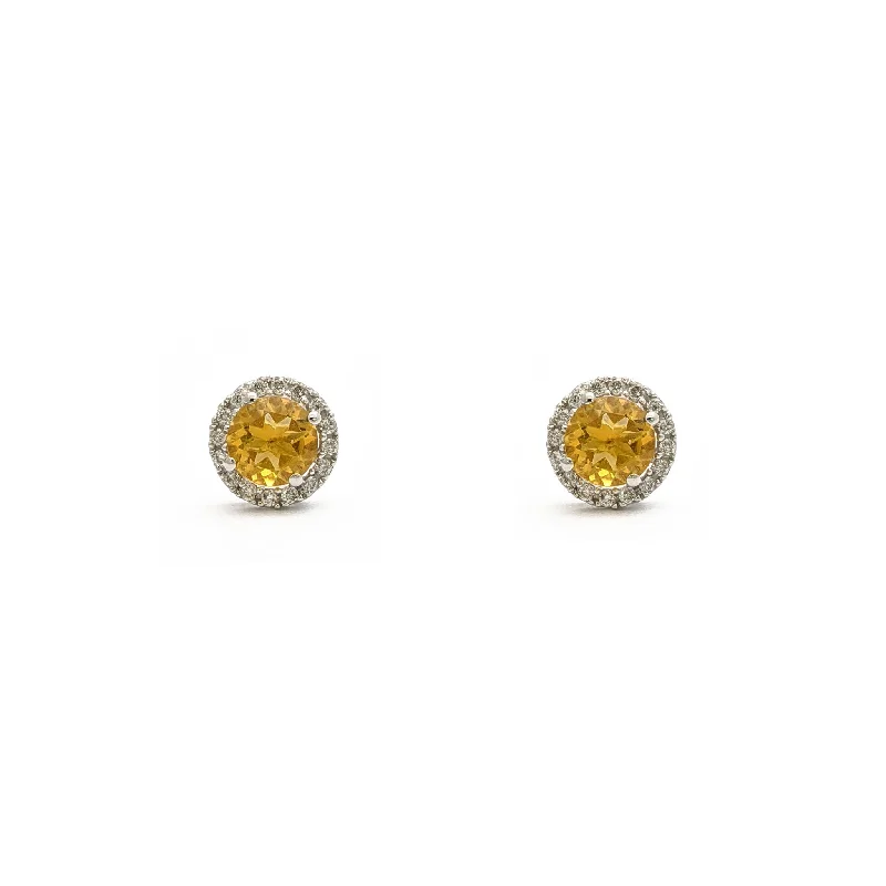 Simple Gold Hoop Earrings For Daily Use-Diamond Halo Citrine Stud Earrings (14K)