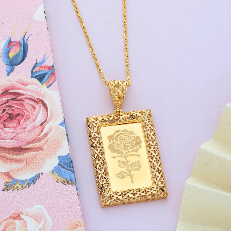 Long Boho Necklace For Casual Look-Gold Necklace (Chain Rectangle Shaped Rose Frame Pendant) 21KT - FKJNKL21KM9618