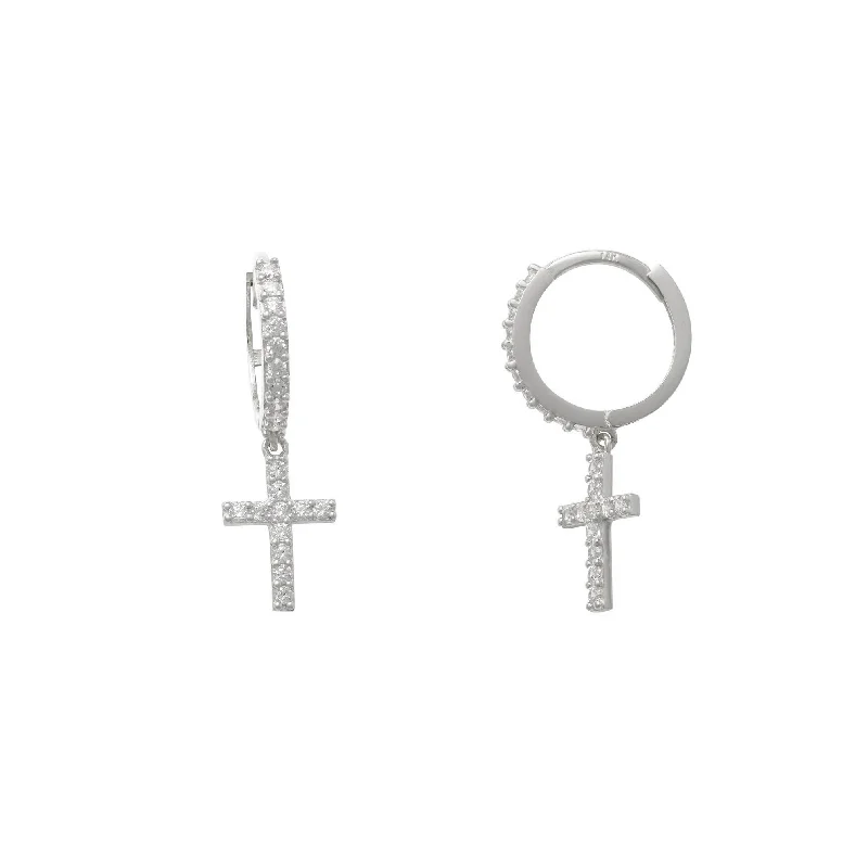 Designer Earrings For Special Occasions-Zirconia Cross Huggie Earrings (14K)