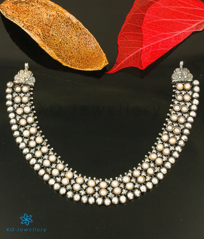 Sparkling Gemstone Necklace For Bridesmaids-The Adhanika Antique Silver Pearl Necklace (Oxidised)