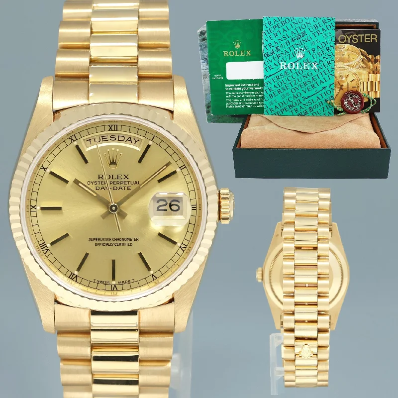 Men’s Watches With Bold Faces-1993 MINT Rolex President Day Date Champagne Dial 18238 Double Quick Set Yellow Gold Watch