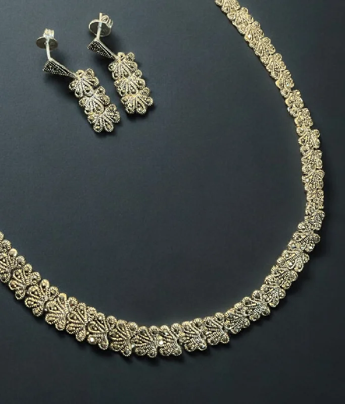 Sparkling Chain Necklace For Special Events-The Luxurious Luster Silver Marcasite Necklace & Earrings