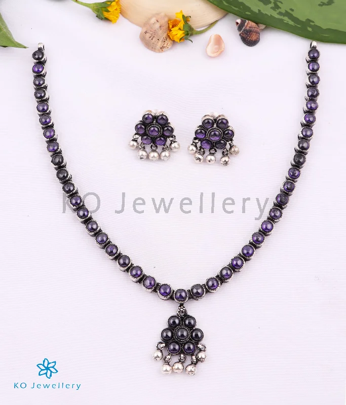 Long Boho Necklace For Casual Look-The Alaktha Addige Silver Necklace (Amethyst)