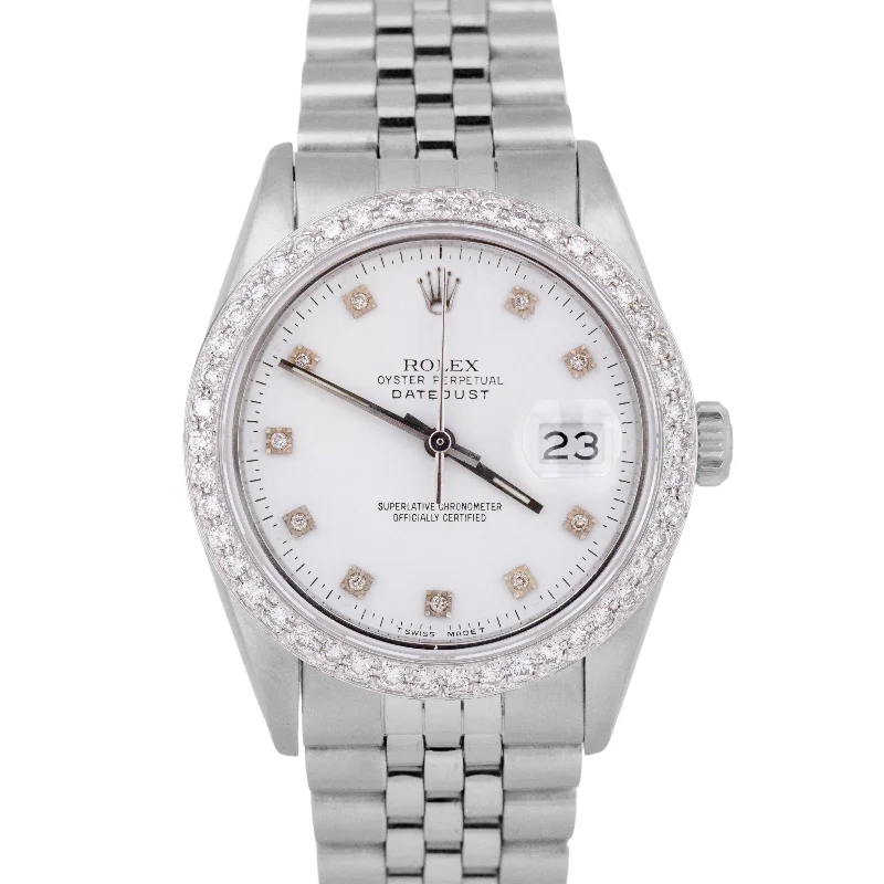 Watches With Long Battery Life-MINT Rolex DateJust 36mm White DIAMOND Stainless Steel JUBILEE Watch 16014 BOX