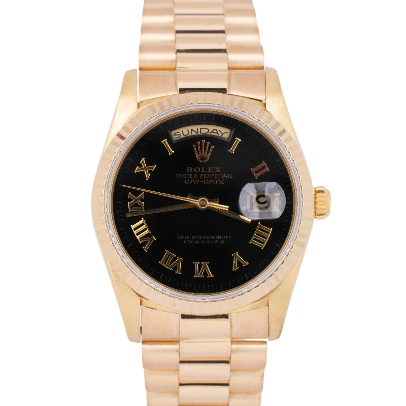 Women’s Watches With Date Functions-Rolex Day-Date President 18238 DOUBLE QUICK Black 36mm 18K Yellow Gold Watch