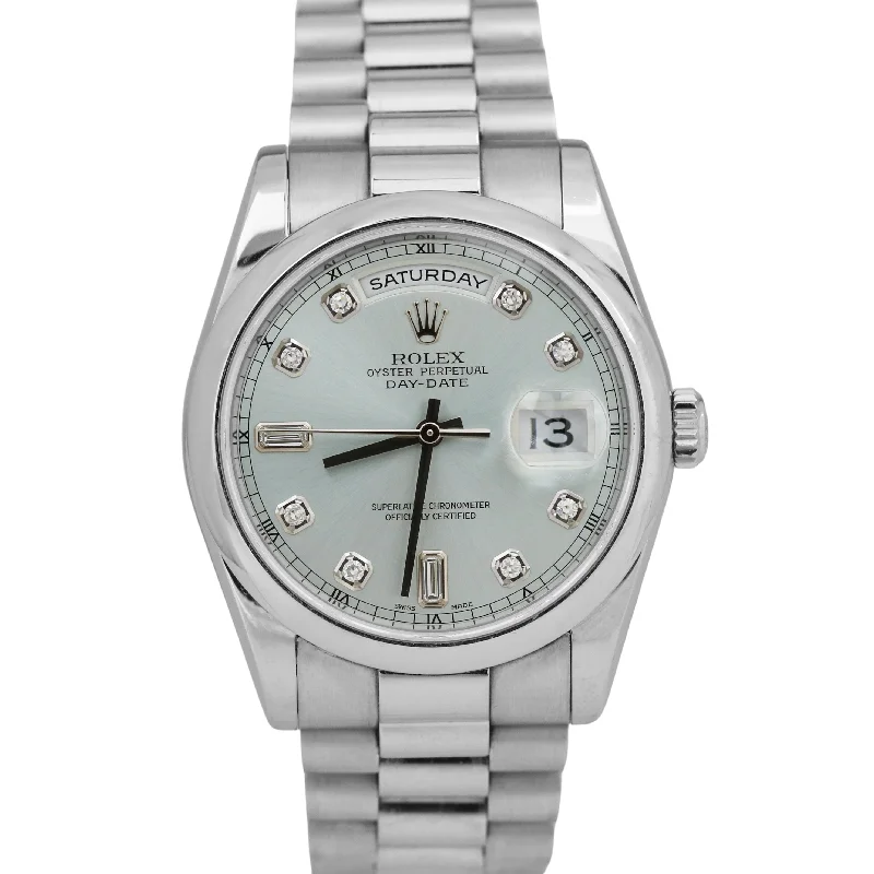 Watches With Bluetooth Connectivity-PAPERS Rolex Day-Date Presidential 36mm DIAMOND 950 Platinum Watch 118206 BOX