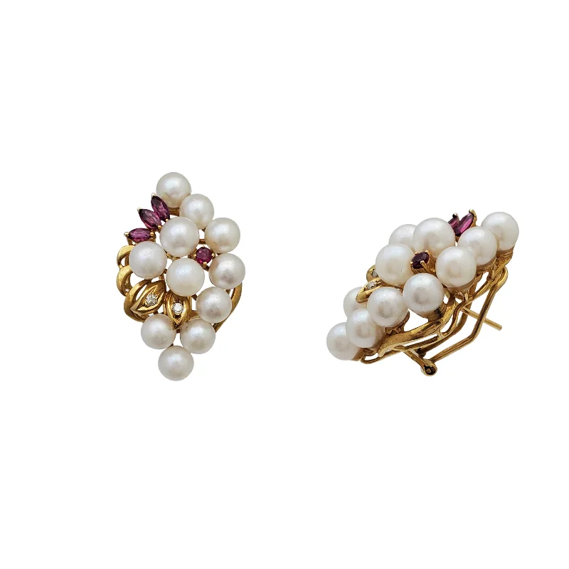 Silver Earrings With Ruby Stones For Luxury-Diamond, Ruby & Pearl Stud Earrings (14K)