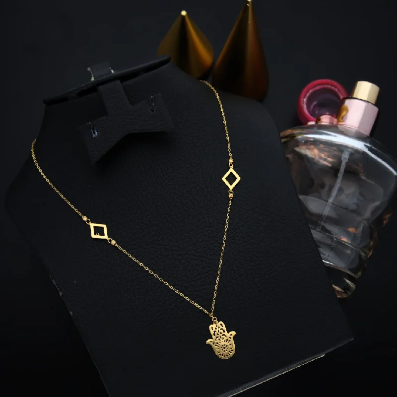 Long Boho Necklace For Casual Look-Gold Hamsa Hand with Diamond Shaped Necklace 21KT - FKJNKL21KM9565