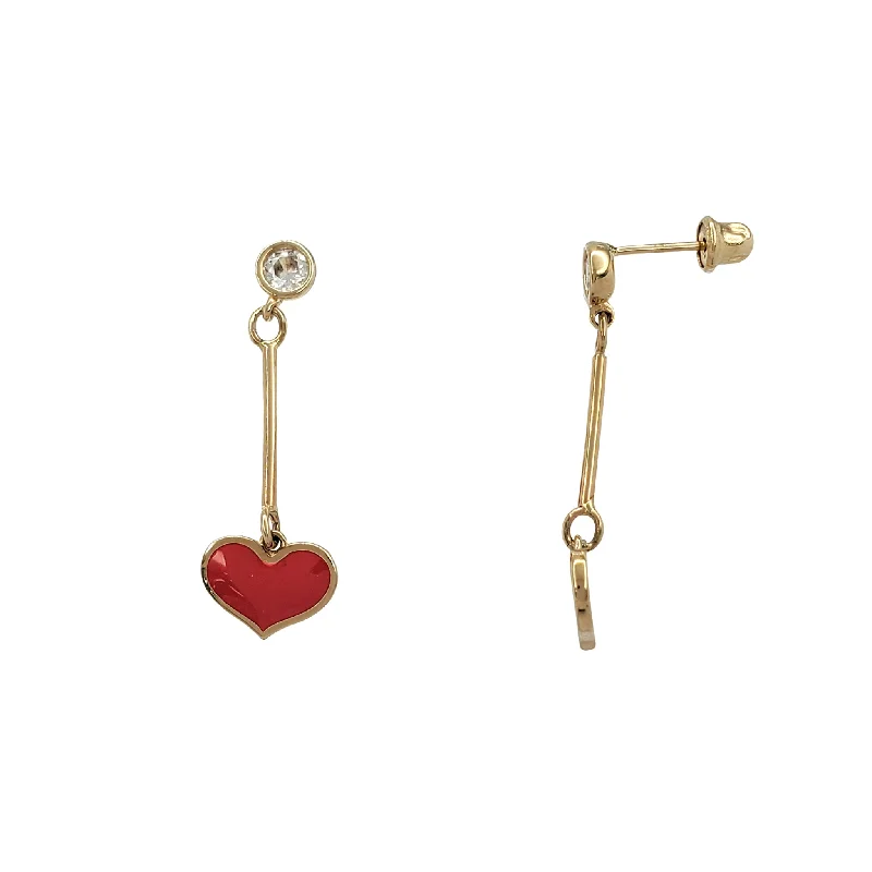 Beautiful Hoop Earrings For Brides-Zirconia Enameled Red Heart Dangling Bezel Stud Earrings (14K)