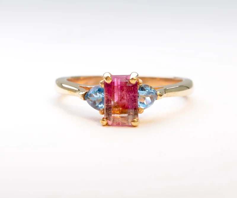 Personalized Engagement Rings With Birthstones-Tourmaline and Blue Topaz Ring