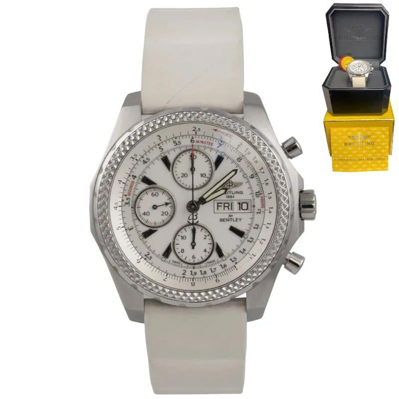 Men’s Fashionable Watches For Casual Wear-Breitling for Bentley GT Racing Stainless White Rubber 44mm Watch A13363 BOX