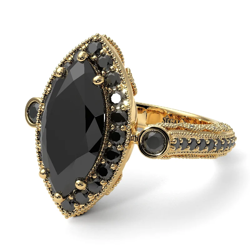 Simple Engagement Rings With Classic Gemstones-Milgrain Halo Marquise Black Diamond Engagement Ring - Noreen No. 37