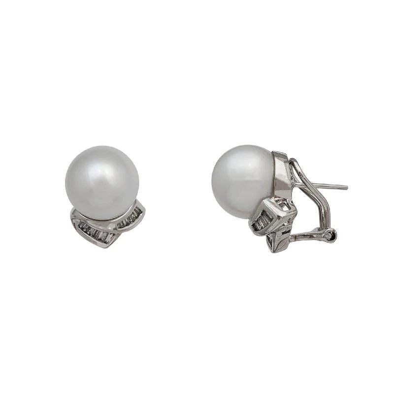 Simple Pearl Stud Earrings For Elegant Wear-Diamond & Pearl Channel-Set Omega-Back Earrings (18K)