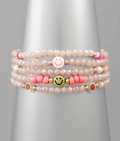 Minimalist Earrings With Colored Stones-Smile Charm Bead Bracelet Set - Light Pink