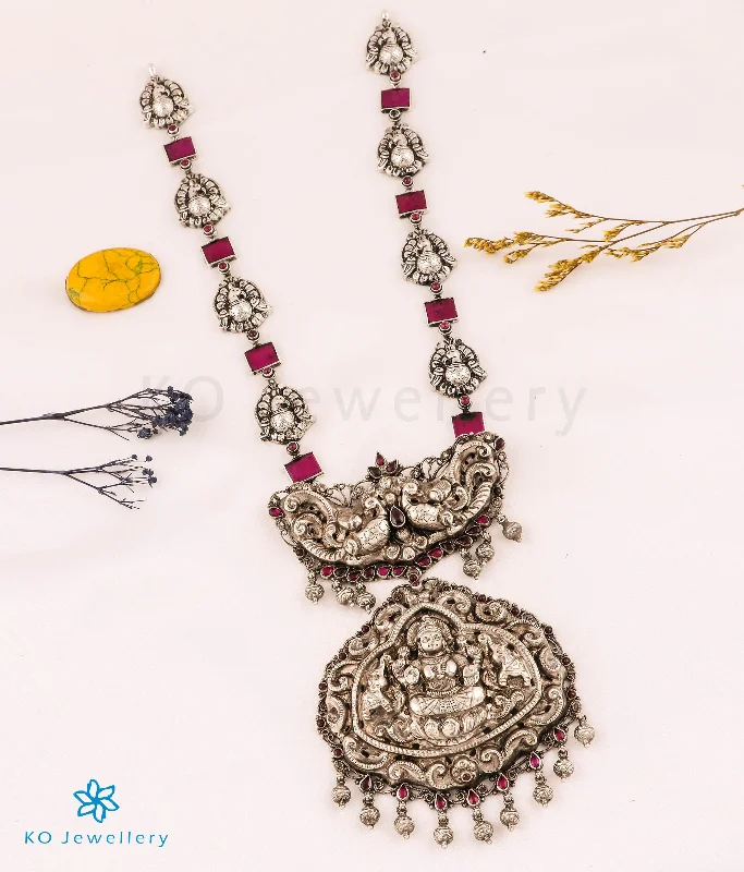 Personalized Crystal Pendant Necklace For Weddings-The Deepta Lakshmi Silver Nakkasi Peacock & Kemp Necklace (Square)