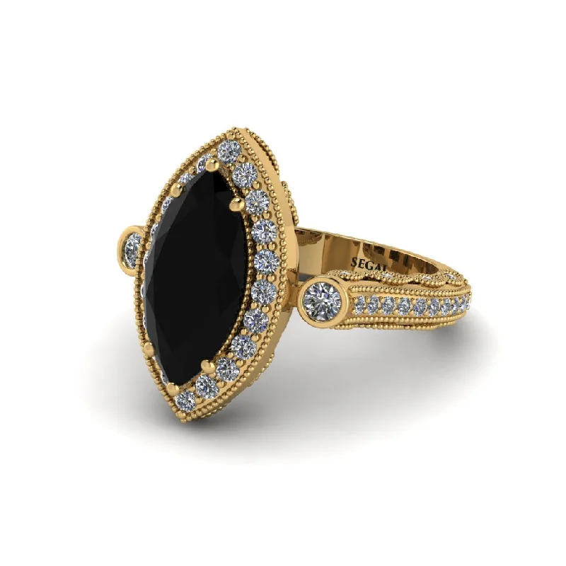 Trendy Wedding Rings For Fashion-Forward Grooms-Milgrain Halo Marquise Black Diamond Engagement Ring - Noreen No. 7