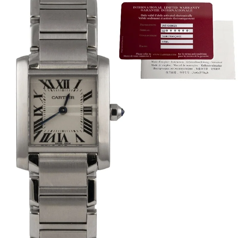 Rose Gold Watches For Women-Cartier Tank Francaise Stainless Steel White 20mm SMALL W51008Q3 BOX + PAPERS