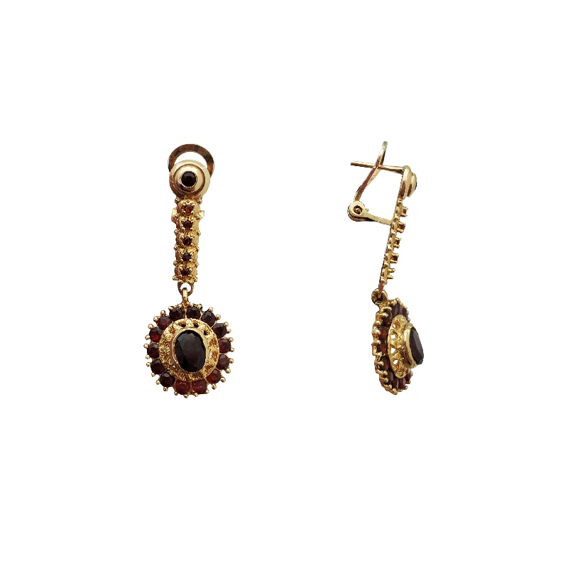 Statement Earrings For Cocktail Parties-Dangling Garnet Sundome Earrings (14K)