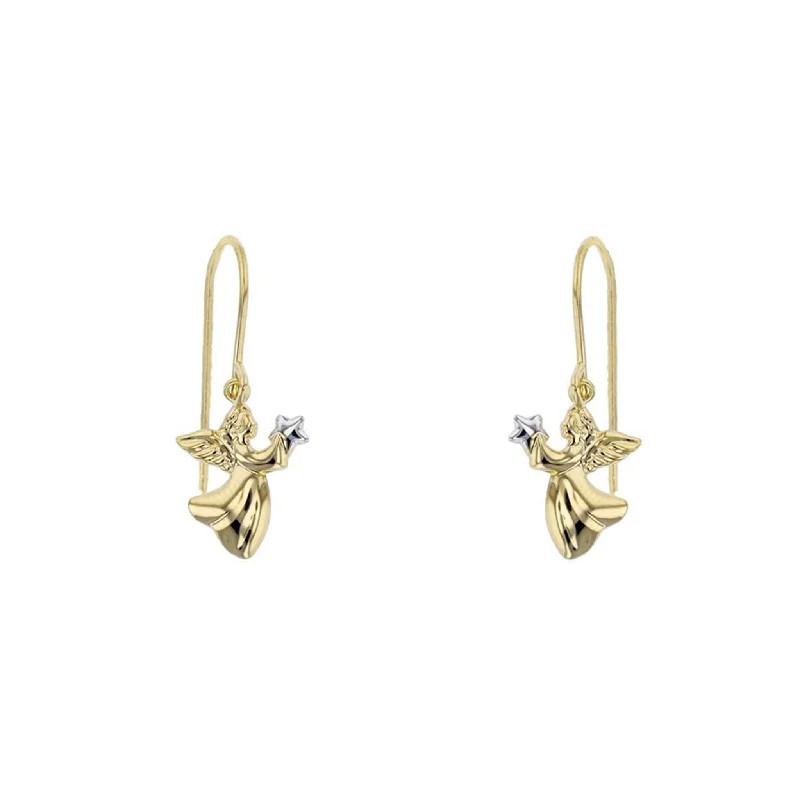 Elegant Gold Earrings For Special Events-Angel Holding Star Dangling Earrings (14K)