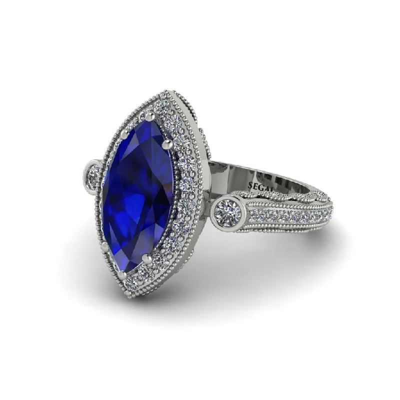 Custom Gold Wedding Rings For Brides-Milgrain Halo Marquise Sapphire Engagement Ring - Noreen No. 15