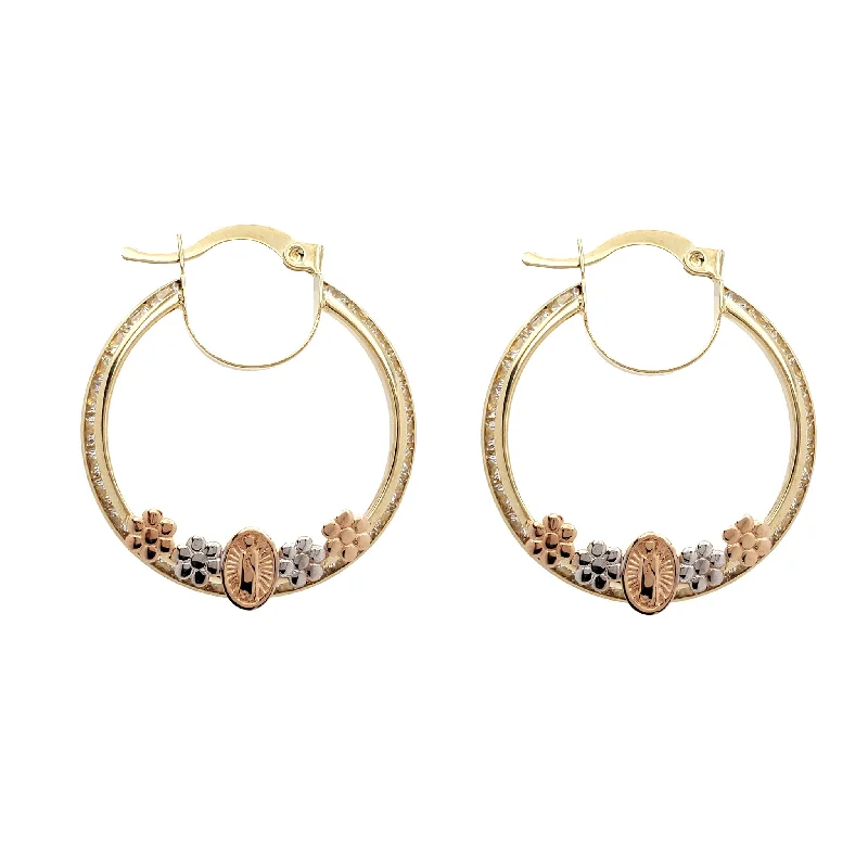 Classic Pearl Hoop Earrings For Brides-Zirconia Tricolor Floral Virgin Mary Hoop Earrings (14K)