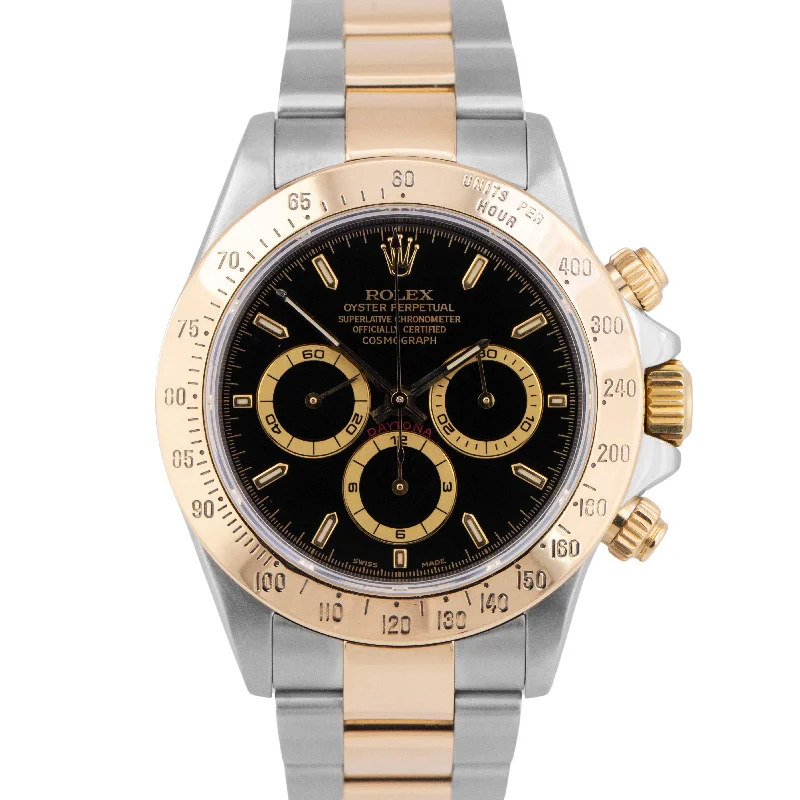 Trendy Watches With Colorful Faces-Rolex Daytona Cosmograph 40mm BLACK Two-Tone SEL 18K Gold Stainless Watch 16523