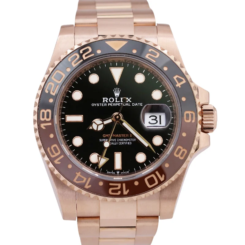 Custom Leather Watches For Men-MINT 2022 PAPERS Rolex GMT-Master II Rose Gold ROOT BEER 40mm 126715 CHNR BOX