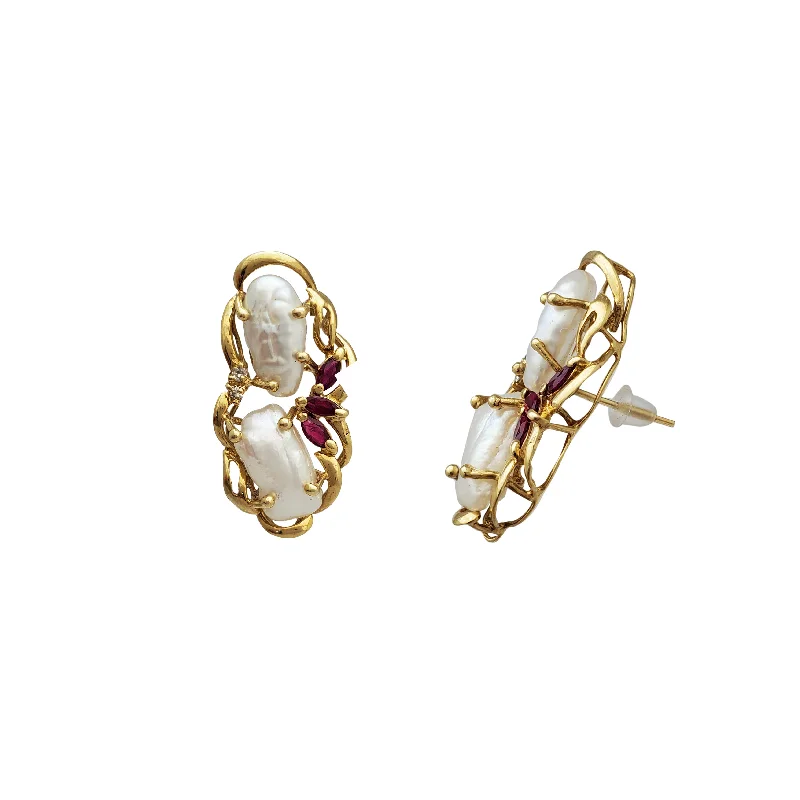 Simple Stud Earrings For Teens-Ruby Twin Rocky Pearl Earrings (14K)