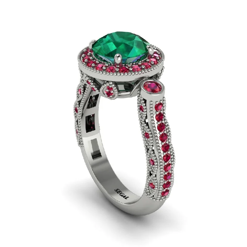 Unique Wedding Rings For Romantic Brides-Milgrain Halo Pave Emerald Engagement Ring - Mabel No. 51