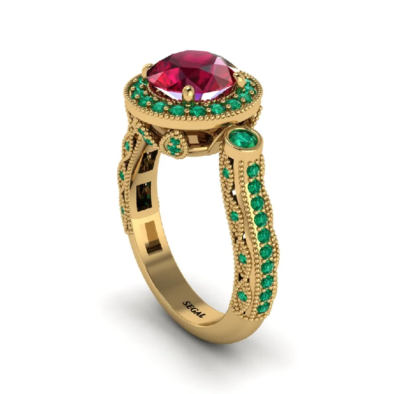 Elegant Engagement Rings With Colored Diamonds-Milgrain Halo Pave Ruby Engagement Ring - Mabel No. 25