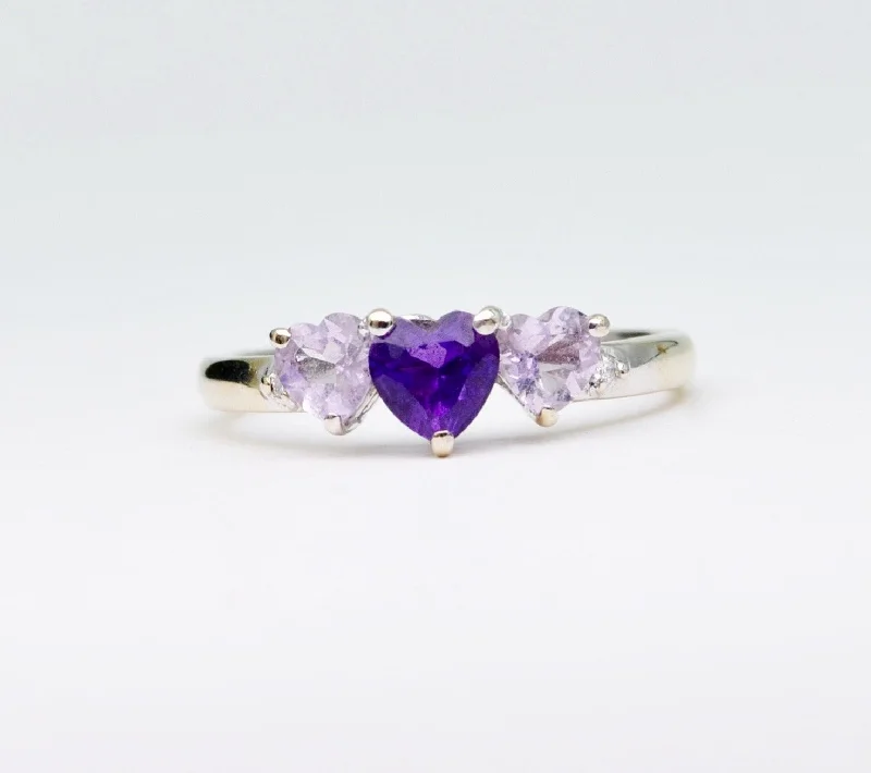 Personalized Gemstone Engagement Rings For Bridesmaids-14K white gold ring with 3 heart-shaped Amethysts